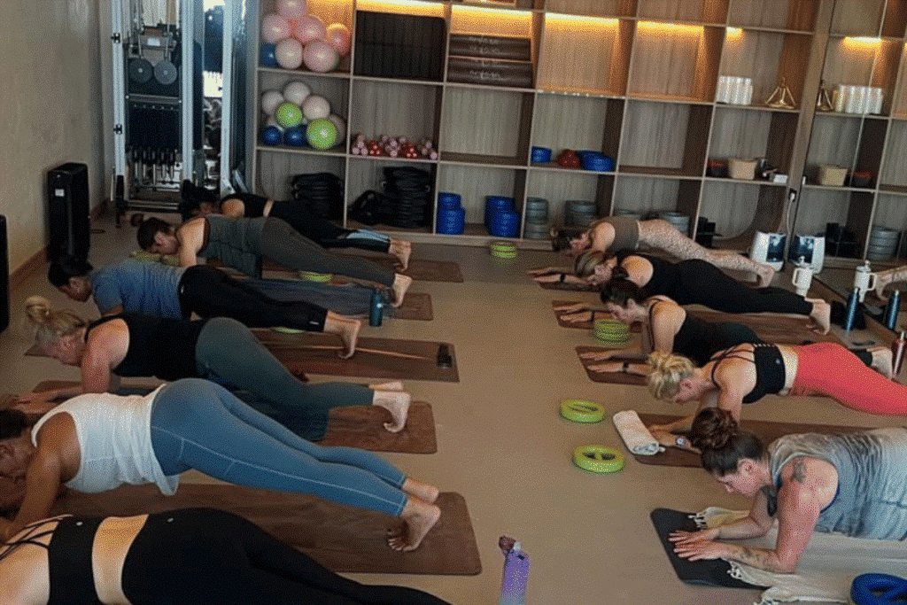 Mindful breathwork during a Pilates retreat 